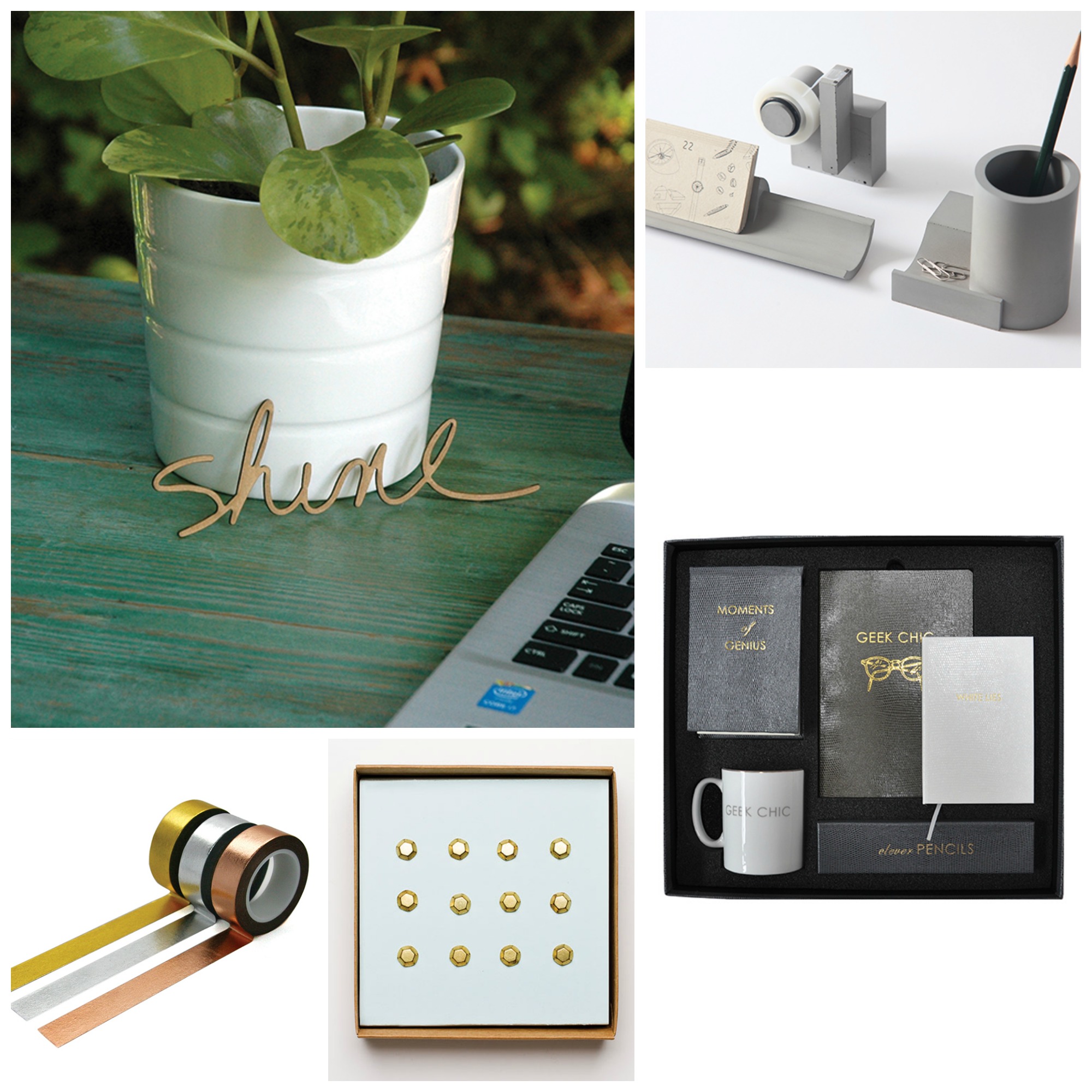 A strong assortment of neutral selections will blend with customers’ existing home décor as they infuse it with modern chic. From left to right: Colleen Attara, Mollaspace, Sloane Stationery, Iron Curtain Press, and Beve.