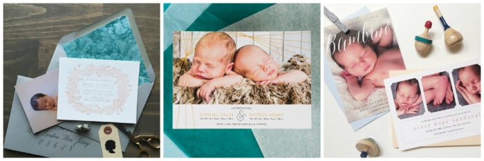 Birth announcements are all about the new arrival or arrivals, and they are complemented by clean design and luxe touches, epitomized in these selections. From left to right: Darling + Pearl, Lucky Onion, and Envelopments.