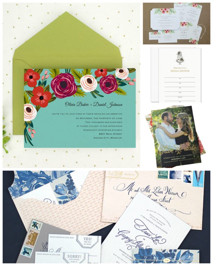 Florals definitely take center stage at weddings — and serve as a clever way to integrate the event's colors. Clockwise from top left: Carlson Craft, Printswell, William Arthur, Kleinfeld Paper and Color Box.
