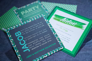 The Type Block Invitation and Party Card (left) and the Happiness Invitation (right)