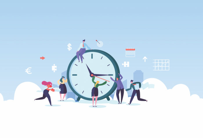 Graphic that depicts people and a clock.