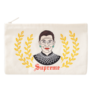 Zipper pouch with an image of Ruth Bader Ginsberg and the word "Supreme."